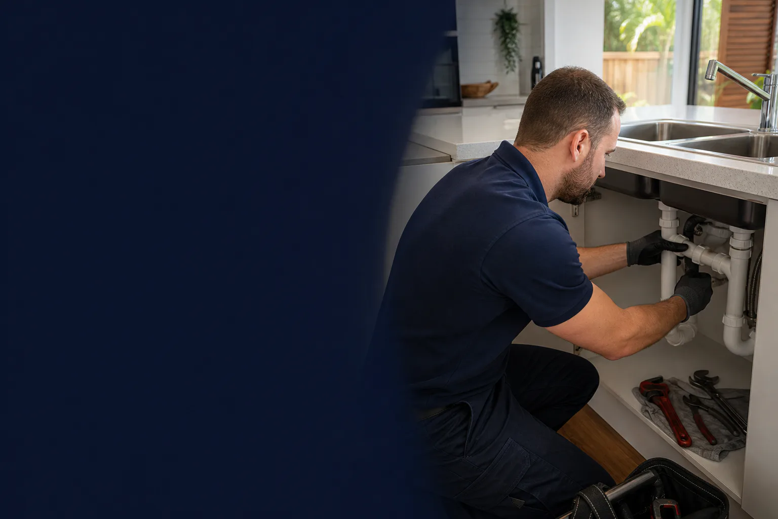 Service illustration of a technician inspecting under-sink plumbing in an Australian home