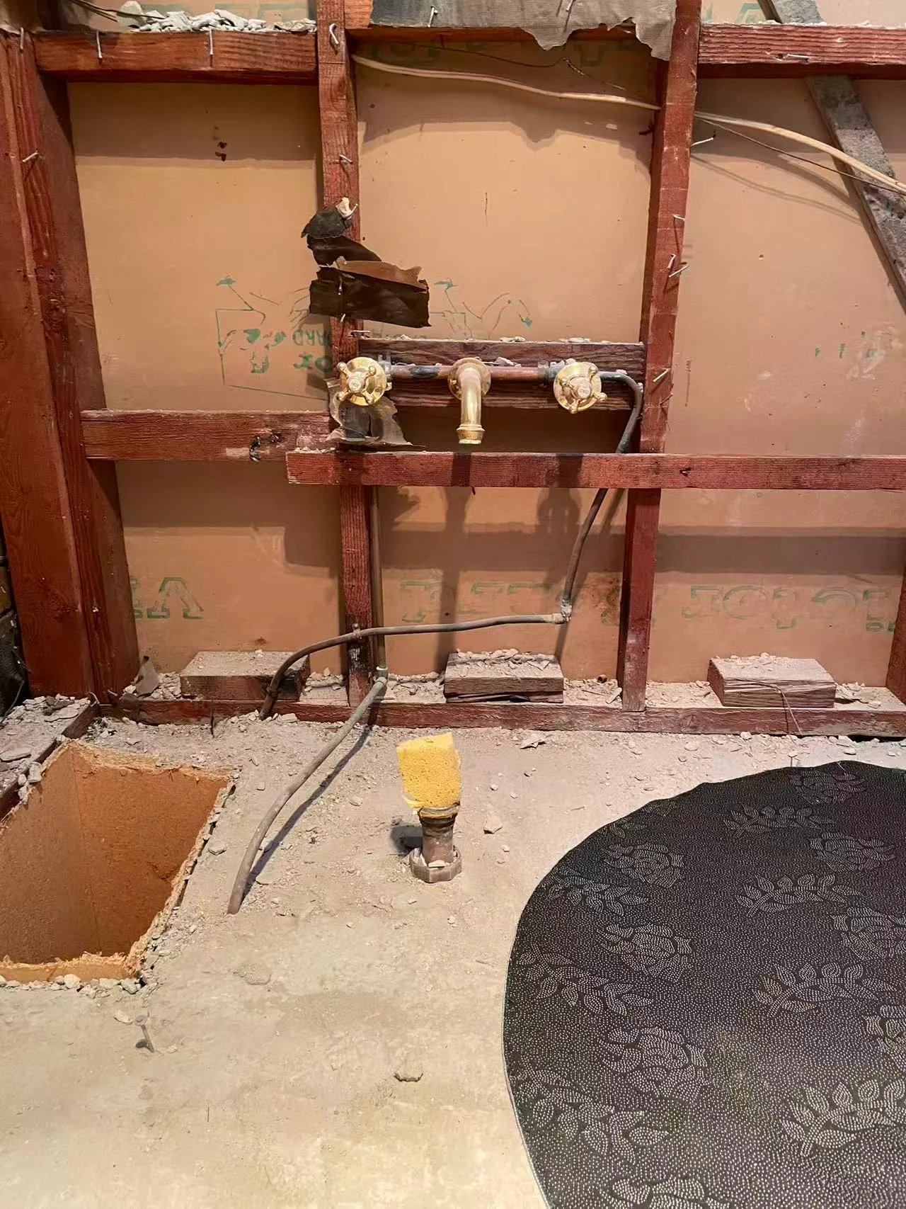 Bathroom renovation with wall linings removed and plumbing connections exposed